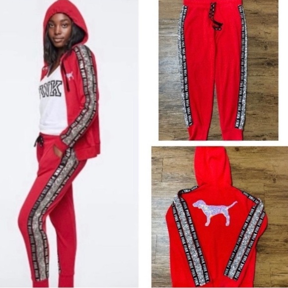 PINK VS RED BLING HOODIE / JOGGERS OUTFIT SET L - Picture 1 of 13